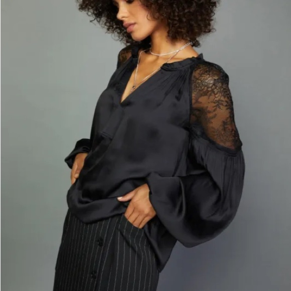 Current Air Black Lace Mandarin Collar Blouse
